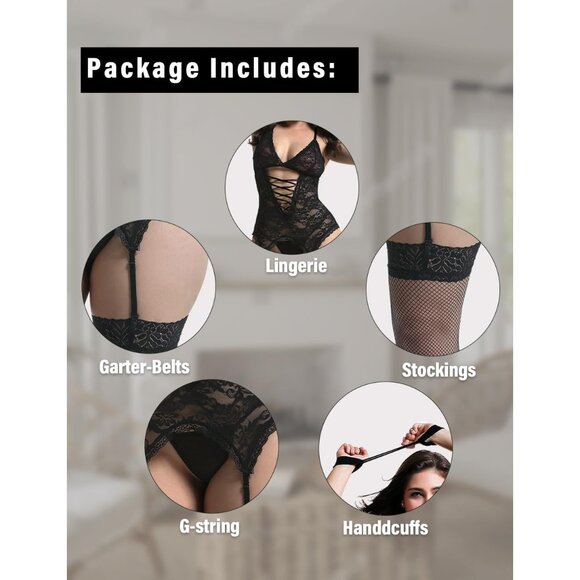 Romantic Plus Size Lingerie Set - Lace Teddy with Stockings & G-String - Picture 3 of 7